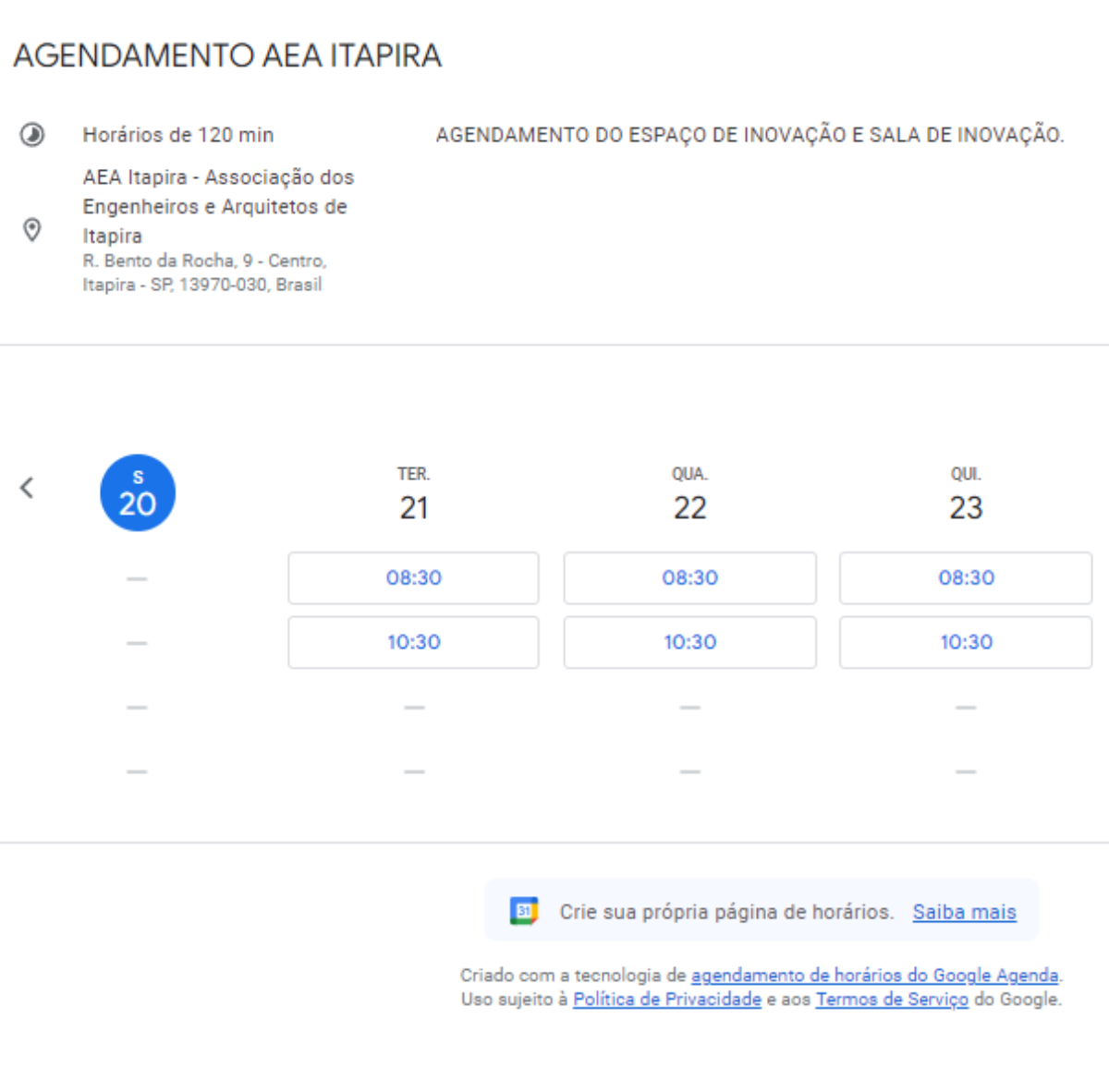 AEA-Itapira - Agendamento Google